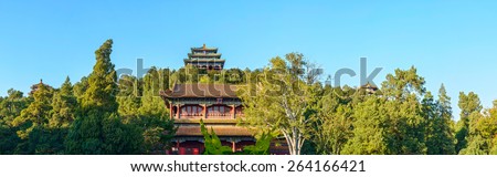 Ancient Chinese traditional buildings in the Jingshan Park. Located in Beijing, China.