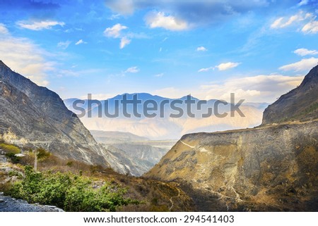Landscape of Tiger Leaping Gorge. Lower gorge.  Located 60 kilometres north of Lijiang City, Yunnan, China. It is part of the Three Parallel Rivers of Yunnan Protected Areas World Heritage Site.