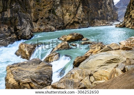 Rocks of Tiger Leaping Gorge. Located 60 kilometres north of Lijiang City, Yunnan Province, China.