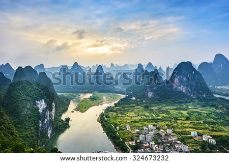 Landscape of Guilin, Li River and Karst mountains. Located in The Ancient Town of Xingping, Yangshuo County, Guilin City, Guangxi Province, China.