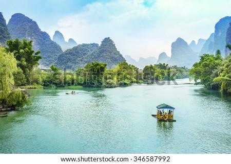 Landscape of Guilin, Li River and Karst mountains. Located in Yangshuo County, Guilin City, Guangxi Province, China.