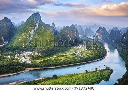 Landscape of Guilin, Li River and Karst mountains. Located near The Ancient Town of Xingping, Yangshuo County, Guangxi Province, China.