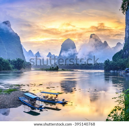 Landscape of Guilin, Li River and Karst mountains. Located near The Ancient Town of Xingping, Yangshuo County, Guilin City, Guangxi Province, China.