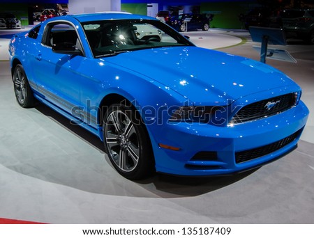 CHICAGO, IL, - FEBRUARY 8: A 2013 blue Ford Mustang on display at the Chicago Auto Show, on February 8, 2013, in Chicago, Illinois.