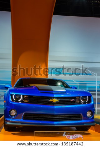 CHICAGO, IL, - FEBRUARY 8: A 2013 blue Chevy Hot Wheels Camaro on display at the Chicago Auto Show, on February 8, 2013, in Chicago, Illinois.