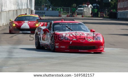 DETROIT, MI/USA - MAY 31: GRAND-AM Rolex Sports Car Series, GT Class, on MAY 31, 2013, held on Belle Isle, Detroit, Michigan. Corvette #31 (Marsh Racing leads Ferrari 458 #63 (Scuderia Corsa).