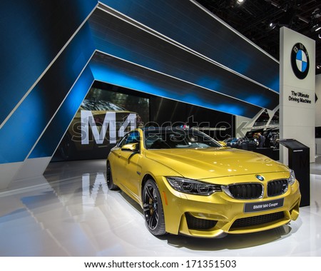 DETROIT, MI/USA - JANUARY 14: A BMW M4 car at the North American International Auto Show (NAIAS) on January 14, 2014, in Detroit, Michigan.