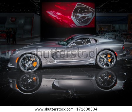 DETROIT, MI/USA - JANUARY 15: A 2014 SRT (Dodge) Viper car at the North American International Auto Show (NAIAS) on January 15, 2014, in Detroit, Michigan.