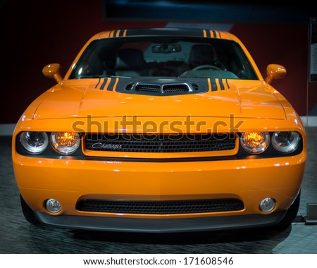 DETROIT, MI/USA - JANUARY 15: A 2014 Dodge Challenger Hemi Shaker Limited Edition at the North American International Auto Show (NAIAS) on January 15, 2014, in Detroit, Michigan.