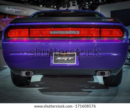 DETROIT, MI/USA - JANUARY 15: A 2014 SRT (Dodge) Challenger car at the North American International Auto Show (NAIAS) on January 15, 2014, in Detroit, Michigan.