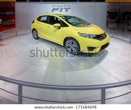 DETROIT, MI/USA - JANUARY 15: A 2015 Honda Fit car at the North American International Auto Show (NAIAS) on January 15, 2014, in Detroit, Michigan.
