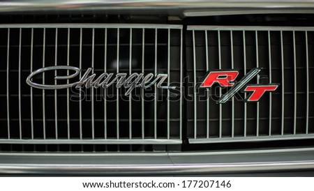 DETROIT, MI/USA - MARCH 8: Dodge Charger R/T Logo on display at the Detroit AutoRama, on March 8, 2013, in Detroit, Michigan.