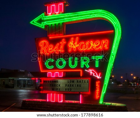 LEBANON, MO/USA - MAY 6: Vintage Rest Haven Court motel and neon sign, on Route 66, on May 6, 2013, in Springfield, Missouri.