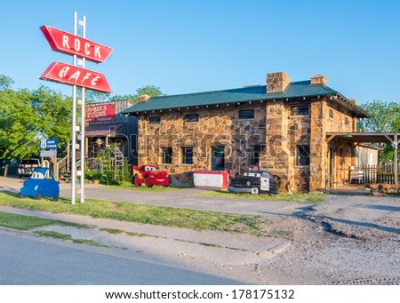 STROUD, OK/USA - MAY 7: Historic Rock Cafe and neon sign, on Route 66, on May 7, 2013, in Stroud, Oklahoma. National Register of Historic Places