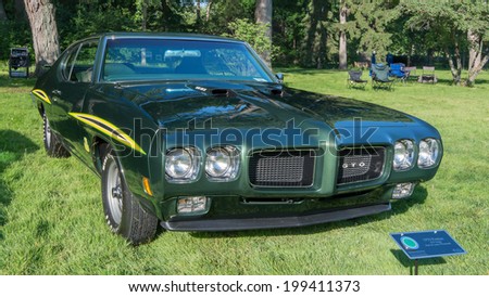GROSSE POINTE SHORES, MI/USA - JUNE 15, 2014: A 1970 Pontiac GTO car at the EyesOn Design car show, held at the Edsel and Eleanor Ford House.