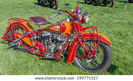 GROSSE POINTE SHORES, MI/USA - JUNE 15, 2014: A 1938 Indian Chief motorcycle at the EyesOn Design car show, held at the Edsel and Eleanor Ford House.