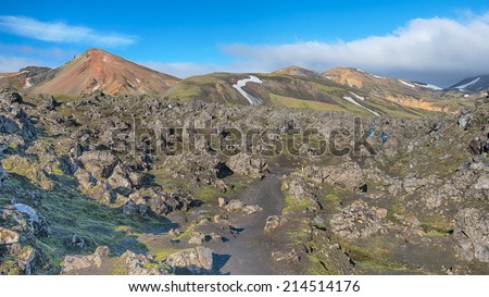 Laugahraun lava field, rhyolite mountains, Laugarvegur Trail (a.k.a. Laugavegurinn), near Landmannalaugar, Fjallabak Nature Reserve, Iceland