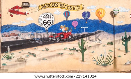 ALBUQUERQUE, NM/USA - MAY 10, 2013: Mural depicts Route 66 turn offs for Flagstaff, Gallup and Albuquerque at Garcia\'s Kitchen.