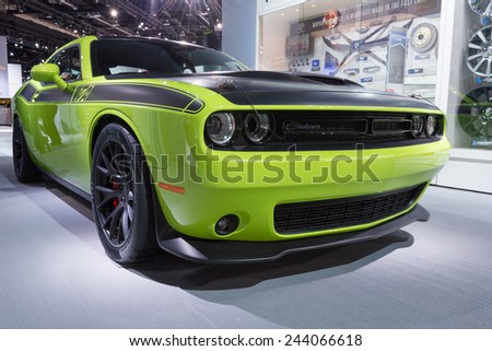 DETROIT, MI/USA - JANUARY 13, 2015: Sublime Green Dodge Challenger T/A concept car at the North American International Auto Show (NAIAS), one of the most influential car shows in the world each year.