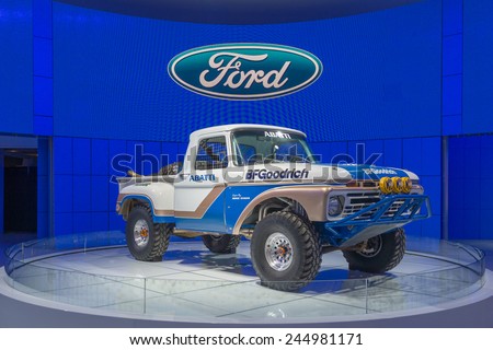 DETROIT, MI/USA - JANUARY 12, 2015: 1966 Ford F-100 NORRA race truck, driven by Team Abatti, at the North American International Auto Show (NAIAS).