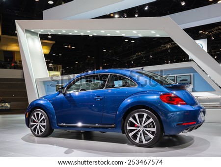 CHICAGO, IL/USA - FEBRUARY 13, 2015: 2015 Volkswagen Beetle R-Line car at the Chicago Auto Show (CAS), the largest auto show in North America.