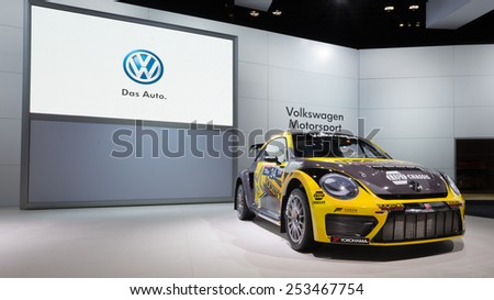 CHICAGO, IL/USA - FEBRUARY 12, 2015: Volkswagen Beetle #34 Rallycross racecar at the Chicago Auto Show (CAS). Driven by Tanner Foust, sponsored by Rockstar Energy Drink.