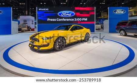 CHICAGO, IL/USA - FEBRUARY 12, 2015: 2015 Ford Shelby GT350 Mustang car at the Chicago Auto Show (CAS), the largest auto show in North America.