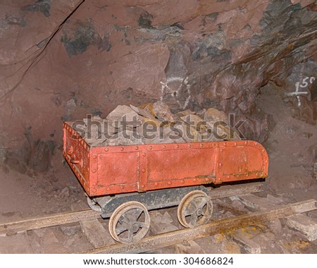 HANCOCK, MI/USA - JULY 24, 2015: Quincy Mine ore cart (trolley), Keweenaw National Historical Park, Hancock, Michigan. The mine is listed in the National Register of Historic Places.
