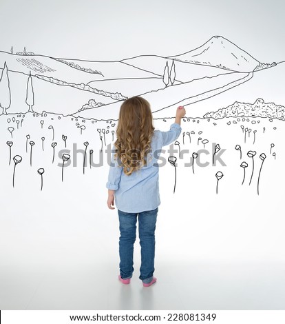little child draws nice and detailed nature sketches