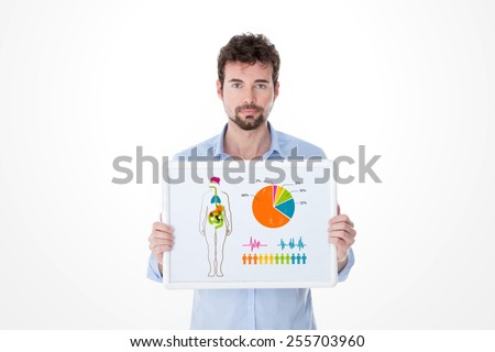 young man showing a board of anatomy info graphic
