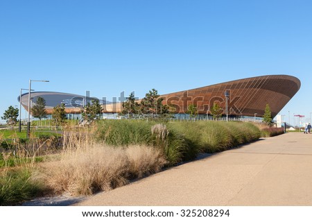 LONDON, UK - OCTOBER 1, 2015: The Velodrome Cycling Arena designed by Hopkins Architects in the new Queen Elizabeth Olympic Park, a landscaped leisure area now open in Stratford, London.