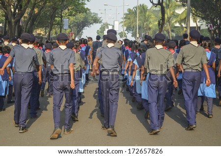 Mumbai, India - January 22, 2013 - Cadets parading near Marine Drive  during the rehearsal on 22 January 2014 for India\'s Republic Day to be held on 26 January 2014
