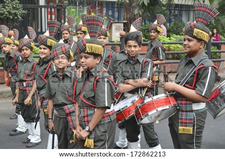 Mumbai, India - January 23, 2014 - Students parading near Marine Drive  during the rehearsal on 23 January 2014 for India's Republic Day to be held on 26 January 2014