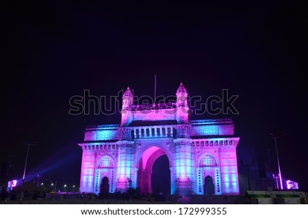 Illuminated Gateway of India in Mumbai at night during the Republic Day