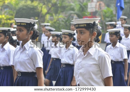 MUMBAI, INDIA - JAN 24, 2014 - Students parading near Marine Drive  during the rehearsal on 24 January 2014 for India\'s Republic Day to be held on 26 January 2014