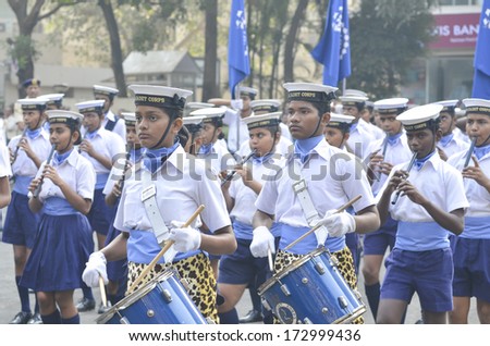 MUMBAI, INDIA - JAN 24, 2014 - Students parading near Marine Drive  during the rehearsal on 24 January 2014 for India\'s Republic Day to be held on 26 January 2014