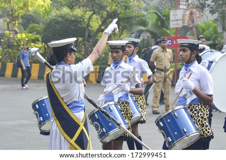MUMBIA, INDIA - JAN 24, 2014 - Students parading near Marine Drive  during the rehearsal on 24 January 2014 for India\'s Republic Day to be held on 26 January 2014