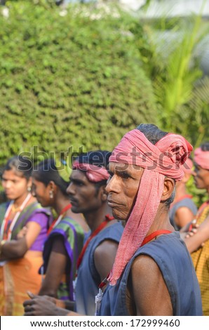 MUMBAI, INDIA - JAN 24, 2014 -  people dressing in traditional Indian costumes during the final rehearsal near Marine Drive before the Republic Day of India on January 26, 2014
