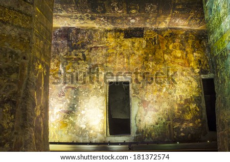Aurangabad, India - February 13, 2014 - Painting of Buddha lives on wall inside Ajanta cave in Aurangabad India
