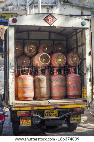 Mumbai, India - February 17, 2014 -  LPG gas cylinders in the truck ready to be delivered to customers