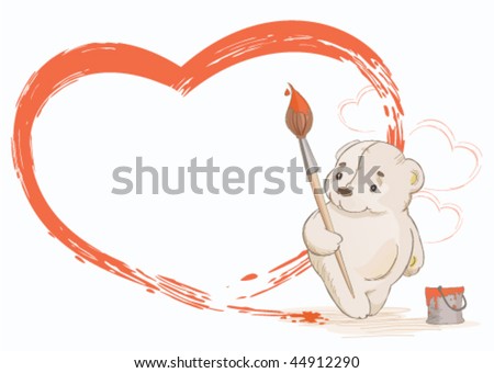 red love heart outline. bear paints the red heart.