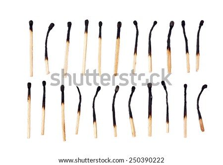 Burnt matches isolated on a white background. Wooden matches.
