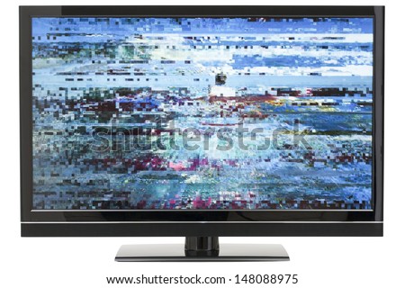 Digital HD LCD TV with Distorted Picture on Screen and Background Clipping Path