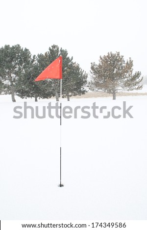 Golf Pin Red Flag Blowing in the Wind and Snow