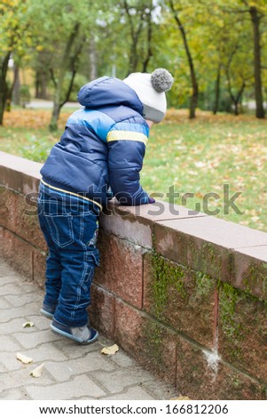 boy in jacket and cap fun walks in autumn park