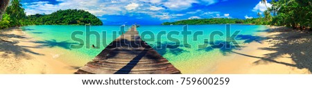 Nature panoramic landscape: Amazing Panorama sandy tropical beach with silhouette coconut palm tree in crystal clear sea and scenery wooden bridge out of the horizon /  Palm and tropical beach
