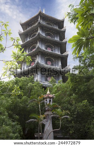 Pagoda in the Marble mountains in Da Nang. Vietnam. Temples,pagodas, beautiful gardens and beautiful buildings in the Chinese style in Da Nang.