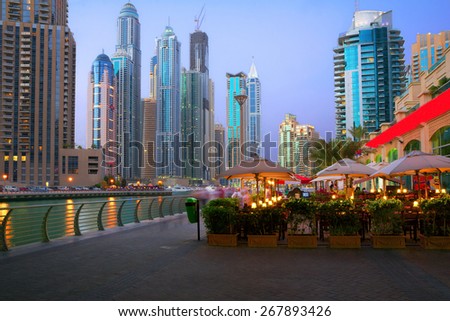 Evening on the waterfront Dubai Marina Basically, all the skyscrapers are located in two places of Dubai, along the Sheikh Zayed road and Dubai Marina.