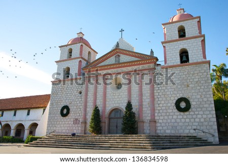 Mission Santa Barbara, founded 1786, with Christmas decor, in Santa Barbara, California