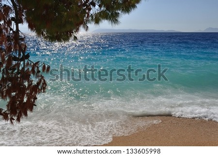 Waves on beautiful beach with sand. Podgora, Croatia. Part of tree in left top side of the frame